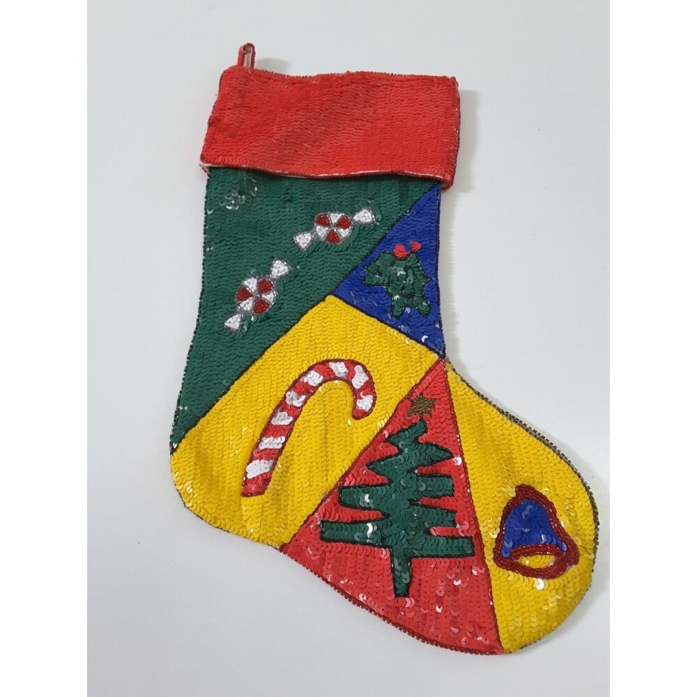 Sequins and Beading Tree Candy Cane Christmas Stocking